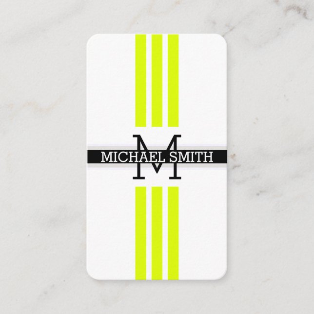 Professional Monogram Modern Chartreuse Stripes Business Card (Front)