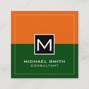 Professional Monogram Modern Green Dark Orange Square Business Card