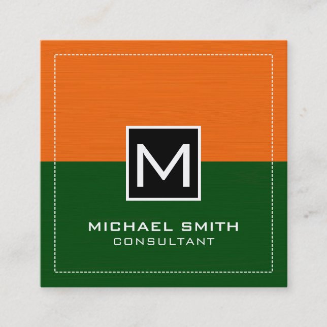 Professional Monogram Modern Green Dark Orange Square Business Card (Front)