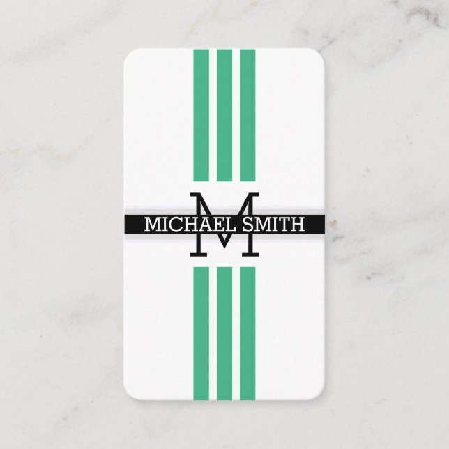 Professional Monogram Modern Mint Stripes Business Card (Front)