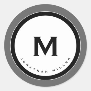 Professional Monogram Name   Grey Black & White Classic Round Sticker