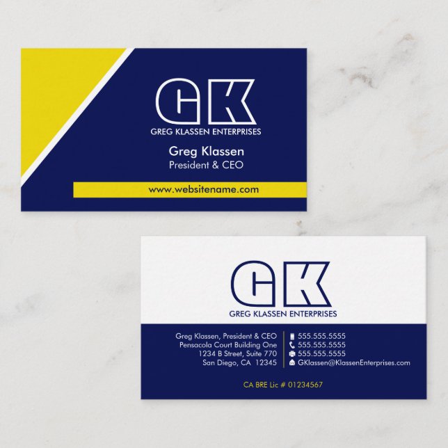 Professional Monogram Navy Blue Gold Business Card (Front/Back)
