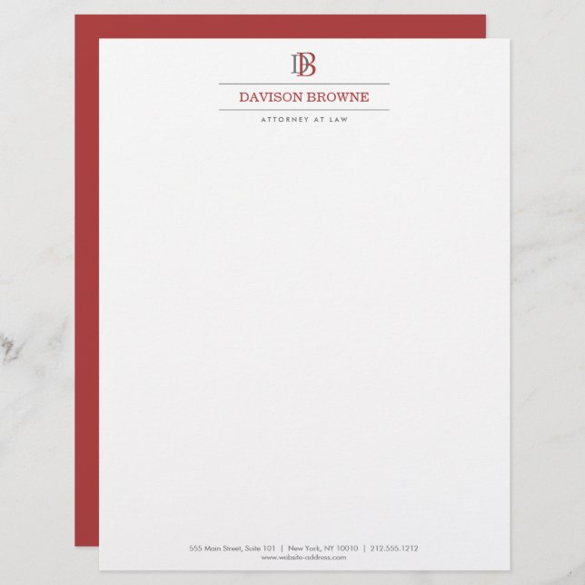 Professional Monogram Red on White Custom Letterhead (Front/Back)