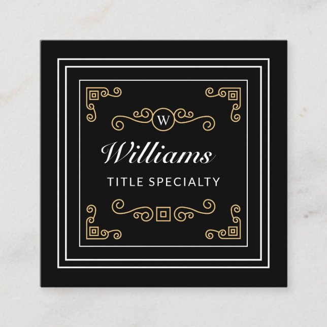 Professional Monogram Vintage Black Elegant Square Business Card (Front)