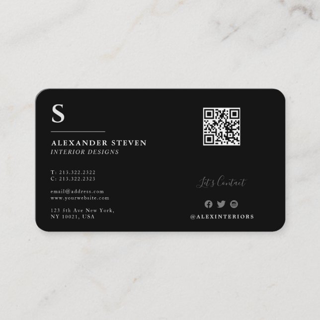 Professional Monogrammed Mini QR Black Business Card (Front)