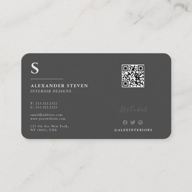 Professional Monogrammed QR Plain Grey Business Card (Front)