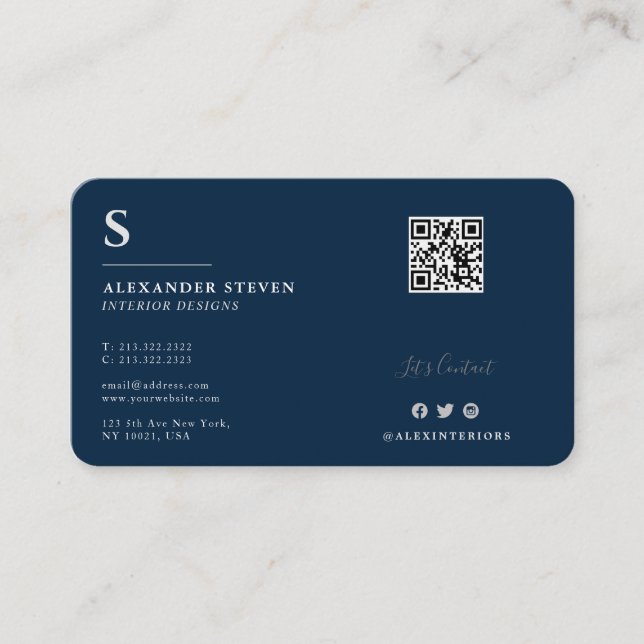 Professional Monogrammed QR Planin Navy Blue Business Card (Front)