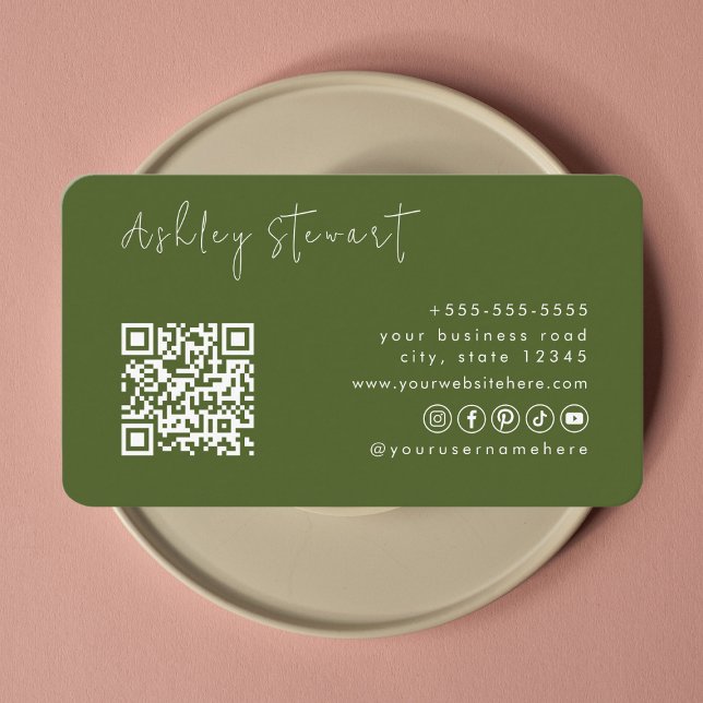Professional Moss Green Qr Code Minimal Script Business Card (Creator Uploaded)