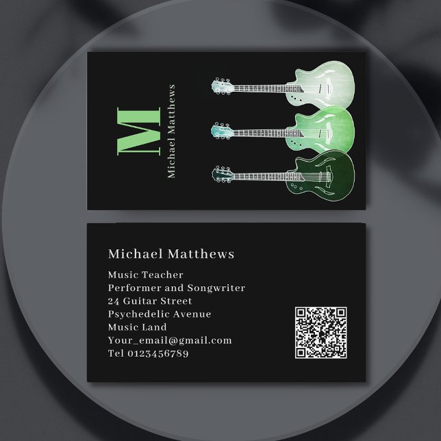 Professional Musician Guitar Custom QR Code Business Card (Modern guitar teacher musician songwriter performer business card website QR code black white green)