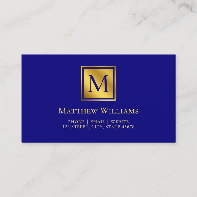 Professional Navy Blue And Gold Monogram Business Card (Front)