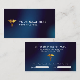Professional Navy Blue Gold Caduceus Medical Appointment Card