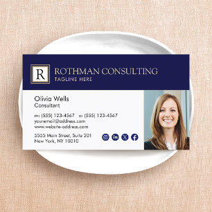 Professional Navy Blue Monogram Photo Business Car Card