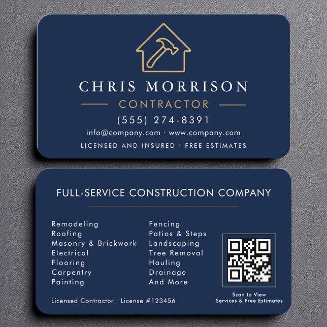 Professional Navy Gold Building Contractor QR code Business Card (Creator Uploaded)