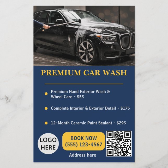 Professional Navy Gold Car Wash Service Flyer (Front)