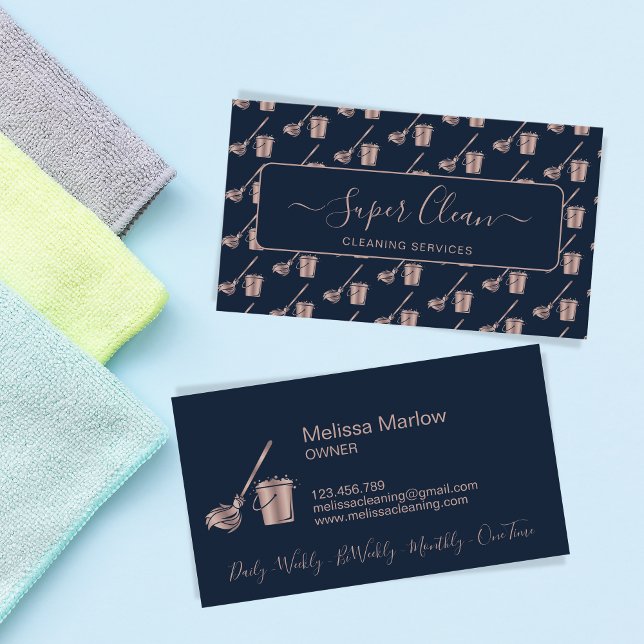 Professional Navy Rose Gold House Cleaning Maid Business Card (Creator Uploaded)