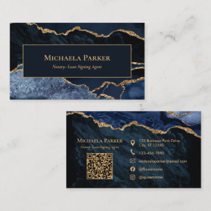 Professional Notary Public Navy Blue Gold QR Code Business Card