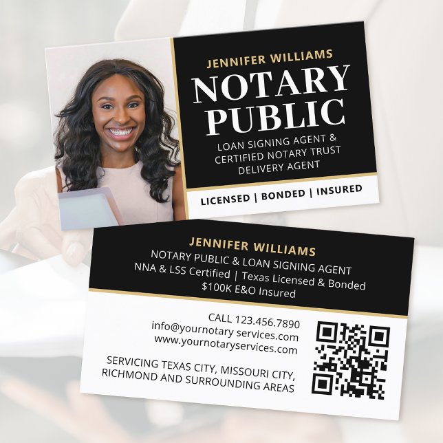 Professional Notary Public Photo QR Code Black Business Card (Creator Uploaded)