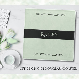Professional Office Desk Sage Green Monogram Glass Coaster