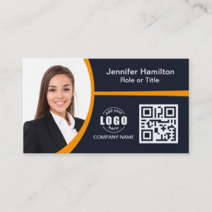 Professional Orange add your Logo QR Code Photo Business Card