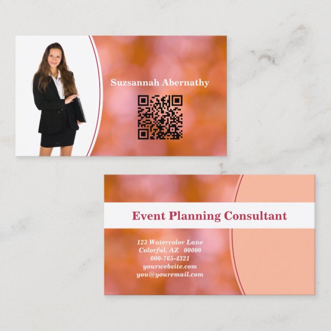 Professional Orange Bokeh Blur Custom Photo QR Business Card (Front/Back)