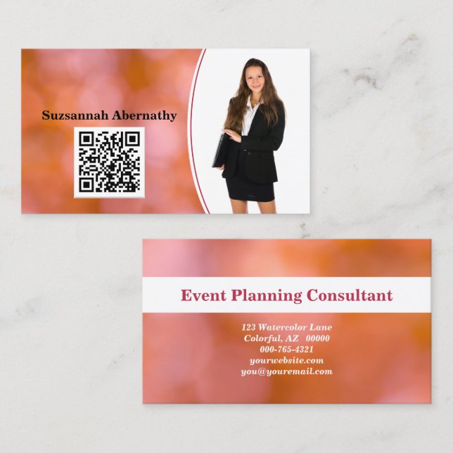 Professional Orange Bokeh Blur Custom Photo QR Business Card (Front/Back)
