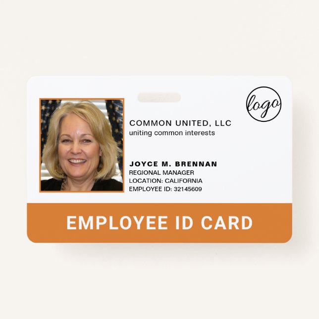 Professional Orange Company Logo Employee Photo ID ID Badge (Front)