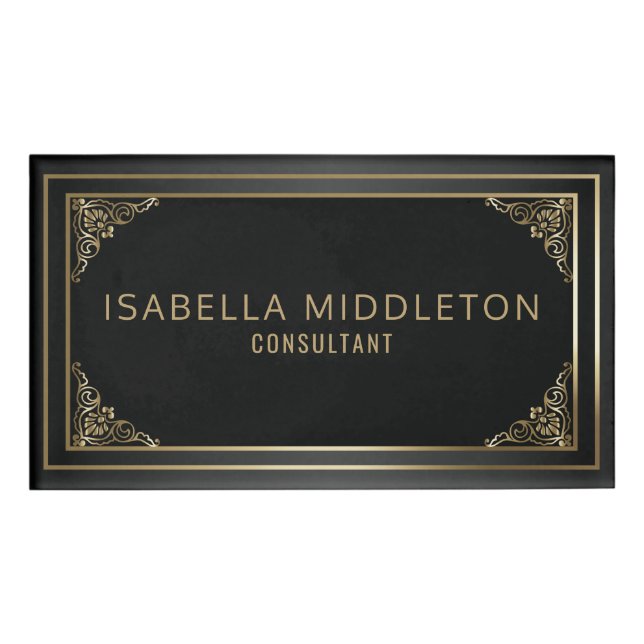 Professional Ornamental Black and Gold Name Tag (Front)