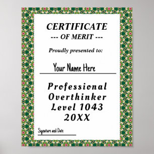 Professional overthinker certificate award poster