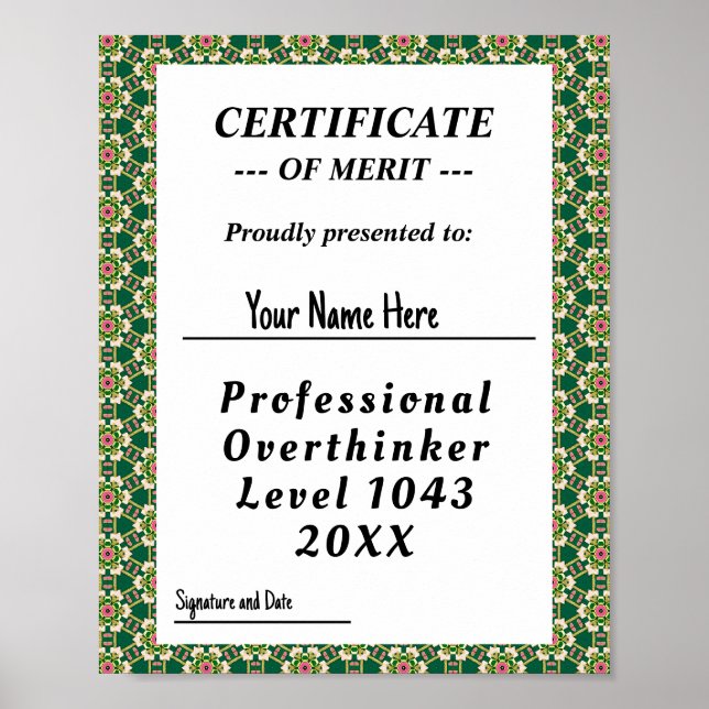 Professional overthinker certificate award poster (Front)