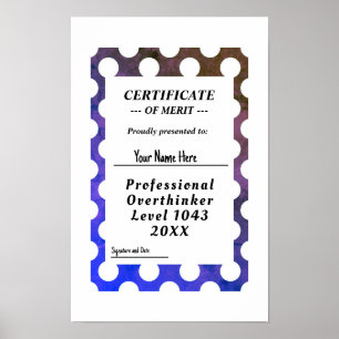 Professional overthinker certificate award poster