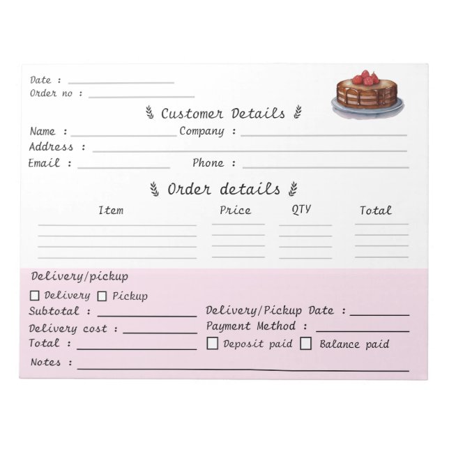 Professional Pastry Cupcake Bakery Order Form Notepad (Front)