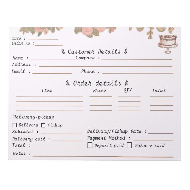 Professional Pastry Cupcake Bakery Order Form   Notepad (Front)