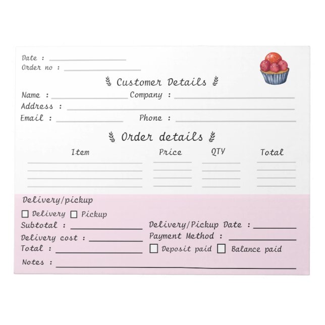 Professional Pastry Cupcake Bakery Order Form Notepad (Front)
