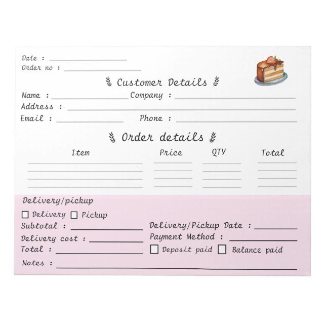 Professional Pastry Cupcake Bakery Order Form Notepad (Front)