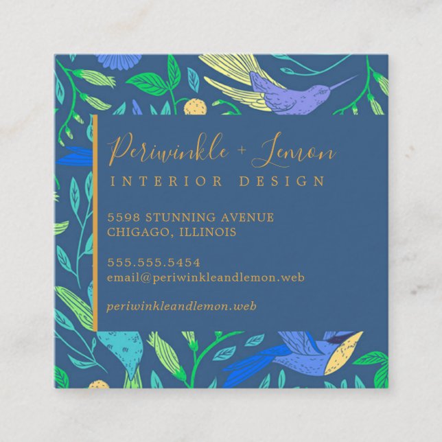 Professional Periwinkle Hummingbird Floral Square  Business Card (Front)