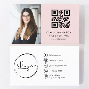 Professional Photo Blush Pink QR Code Social Media Business Card