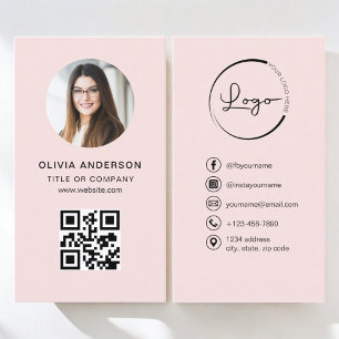 Professional Photo Blush Pink QR Code Social Media Business Card