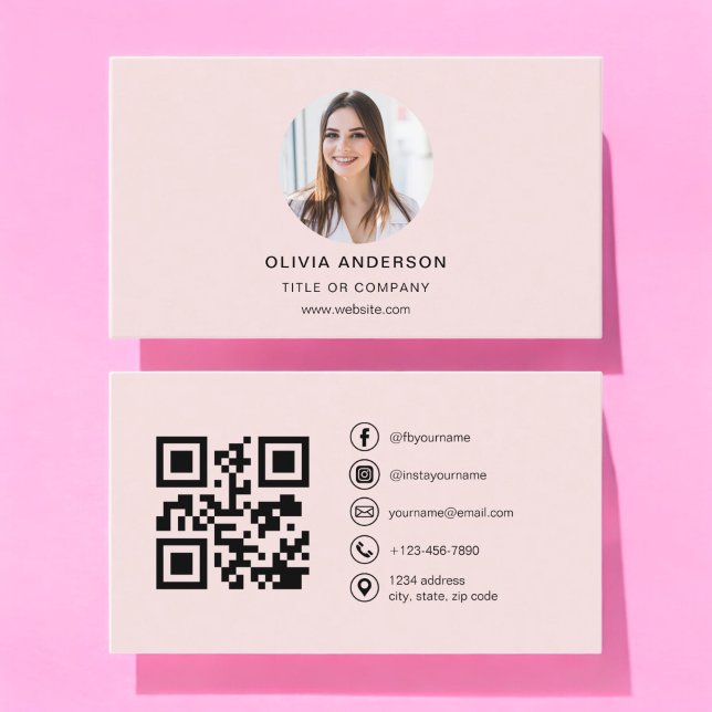 Professional Photo Blush Pink QR Code Social Media Business Card (Creator Uploaded)