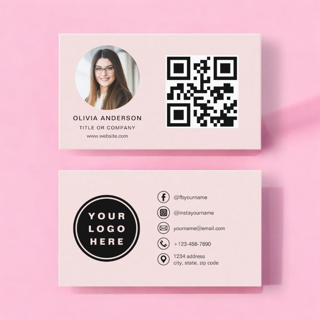 Professional Photo Blush Pink QR Code Social Media Business Card (Creator Uploaded)