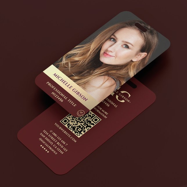 Professional Photo Monogram Burgundy Gold Modern  ID Badge (Professional Photo Monogram Burgundy Gold Modern Badge
)
