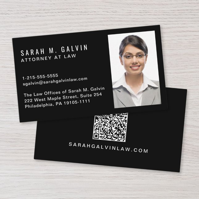 Professional Photo QR Code Black Business Card (Make a lasting impression with this modern business card featuring your photo and scannable QR code)
