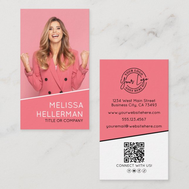 Professional Photo QR Code Logo Vertical Pink Business Card (Front/Back)