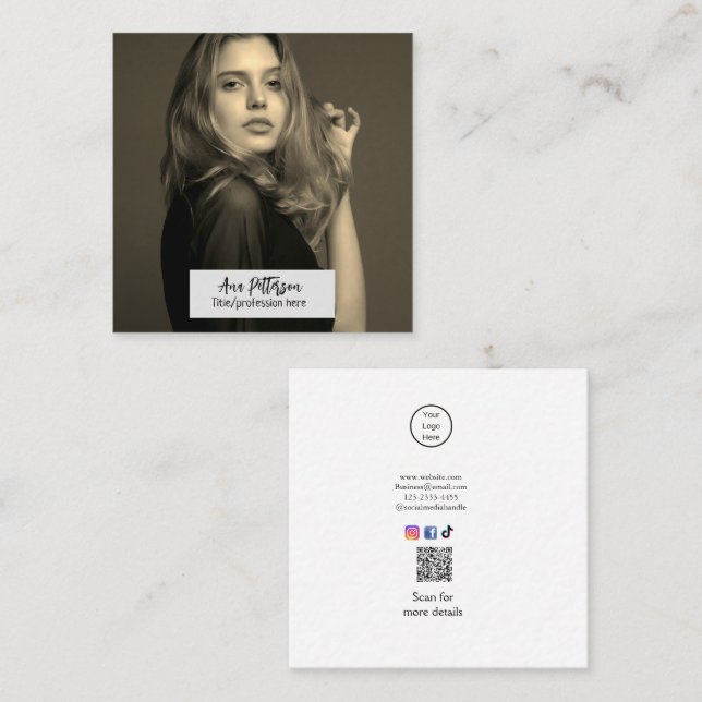 professional photo QR website email social modern Square Business Card (Front/Back)