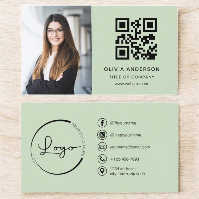 Professional Photo Sage Green QR Code Social Media Business Card (Creator Uploaded)