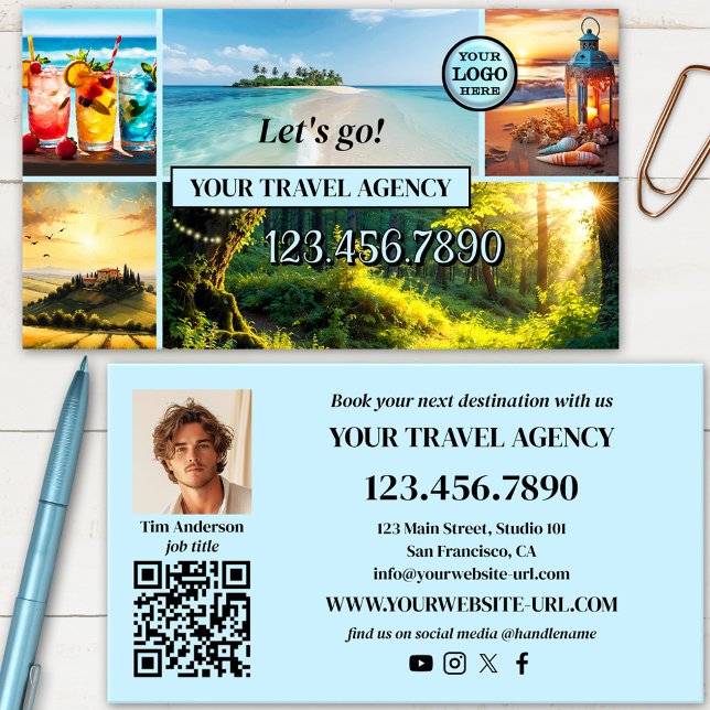 Professional Photo Travel Agency Business Card (Feel-good professional travel agency business card featuring a photo grid with your custom photos)