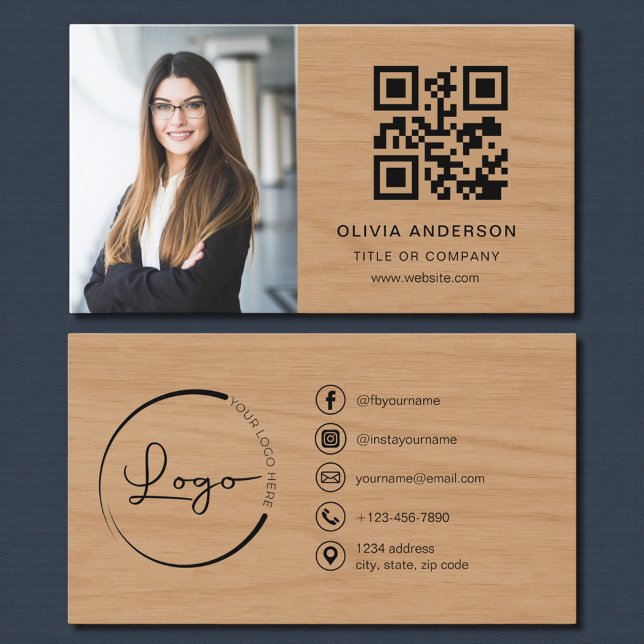 Professional Photo Wood QR Code Social Media Business Card (Creator Uploaded)