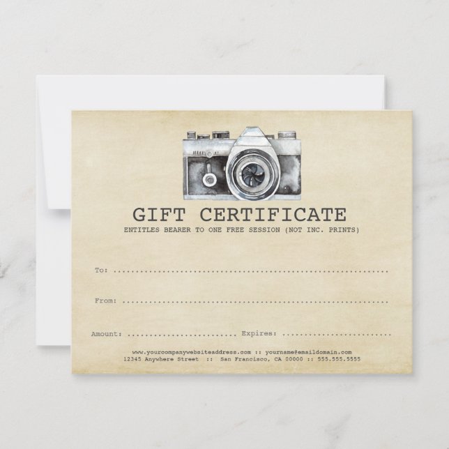 Professional Photographer Camera Gift Certificate (Front)