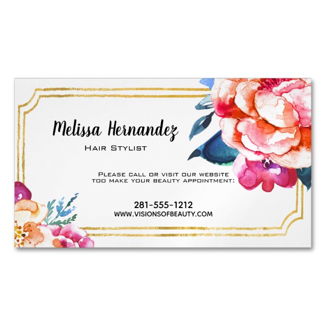 Professional Pink Blue Floral Gold Hair Stylist Magnetic Business Card (Front)