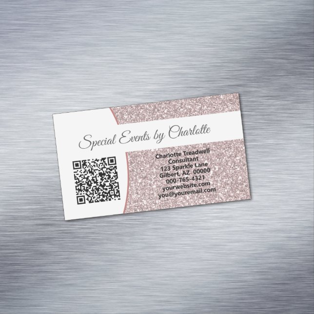 Professional Pink Faux Glitter Custom QR Code Magnetic Business Card (In Situ)