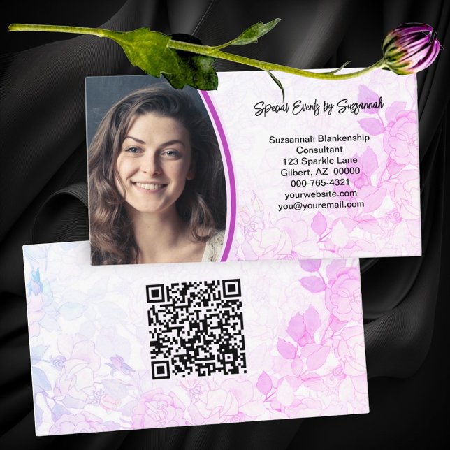 Professional Pink Floral Background Custom Photo  Business Card (front custom photo faint floral background back same background & QR Code template)